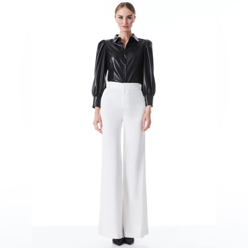 Alice+Olivia vegan leather puff sleeve blouse with a collar XS - Picture 3 of 7